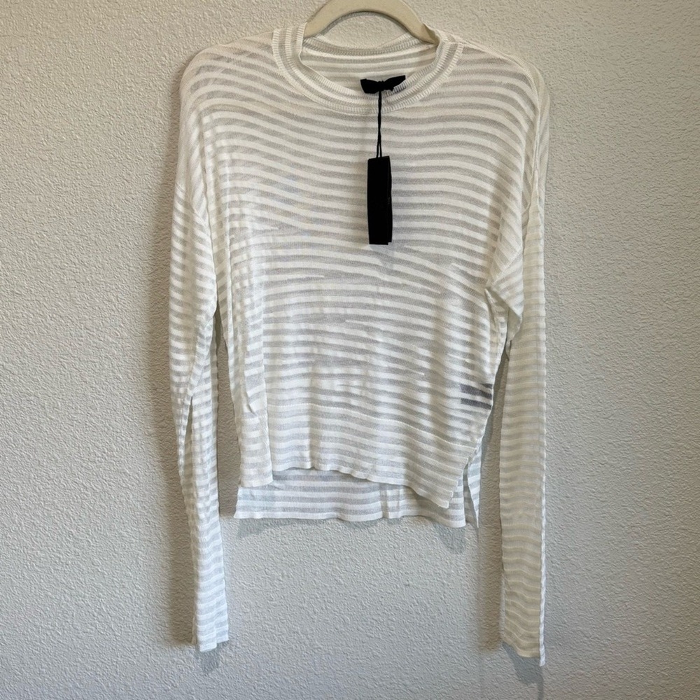 NWT R+A Womens Small White Sheer Mesh Striped Sweater Coastal‎ Boho Layering